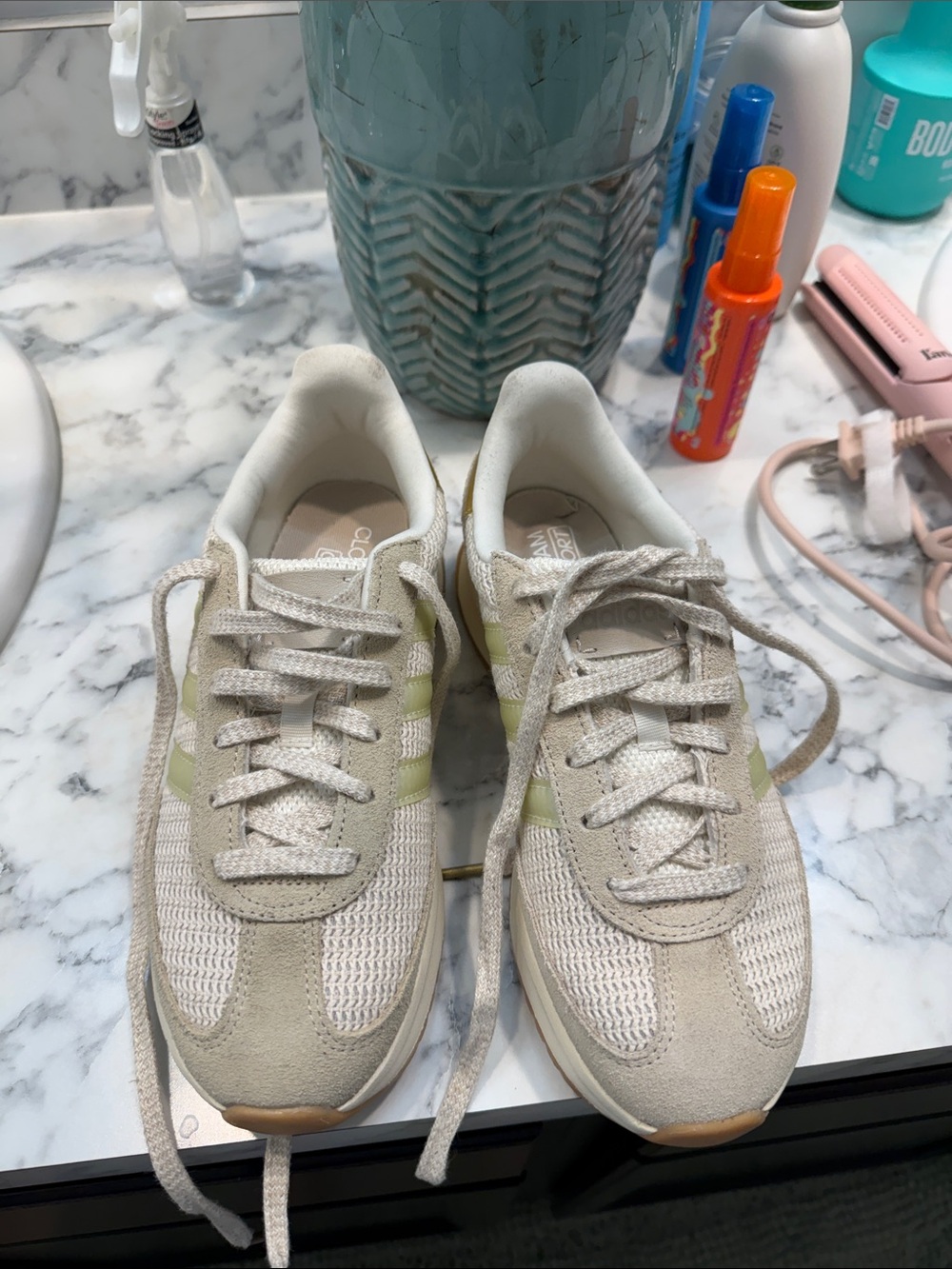 adidas Women's Beige Sneakers with Pale Green Stripes